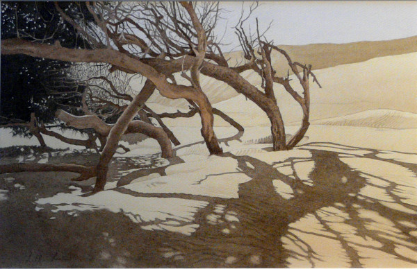 Dünenwäldchen Marokko, Algadir,Im Gegenlicht 86 x 68 cm, Tusche-Punkttechnik und Aquarell